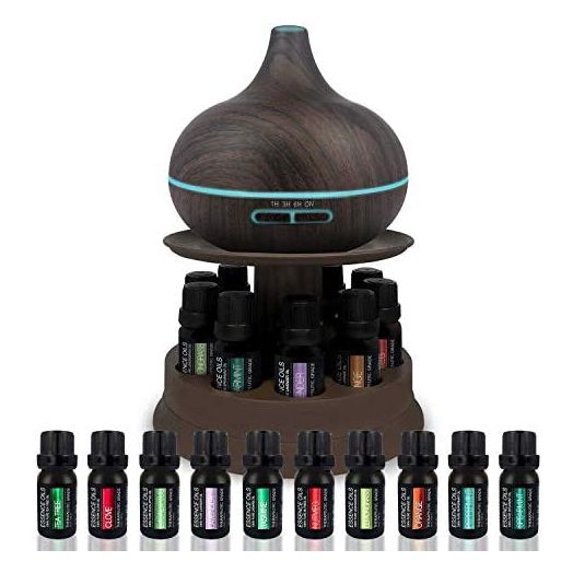 Aromatherapy Ultrasonic 300ml Diffuser & Top 10 Therapeutic Grade Essential Oils Set w/Rotating Display Stand