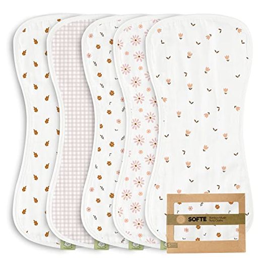 5-Pack Muslin Baby Burp Cloths - Organic White Bamboo Cotton Burp Cloth - Burp Rags - Neutral Burp Clothes for Baby Boy, Girl, Newborn, Unisex - Large Absorbent Muslin Burp Cloths