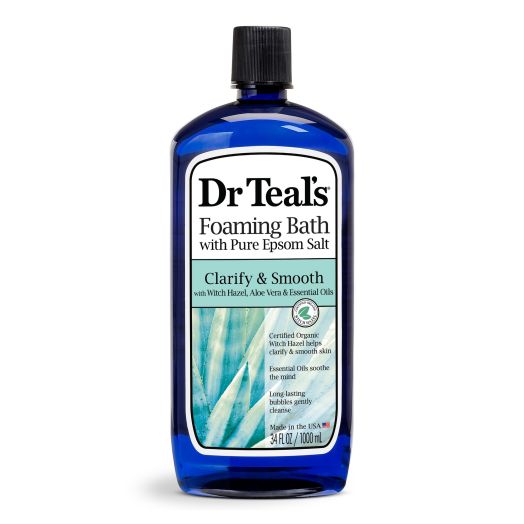 Dr Teal's Foaming Bath with Pure Epsom Salt, Clarify & Smooth with Witch Hazel & Aloe Vera, 34 fl oz.