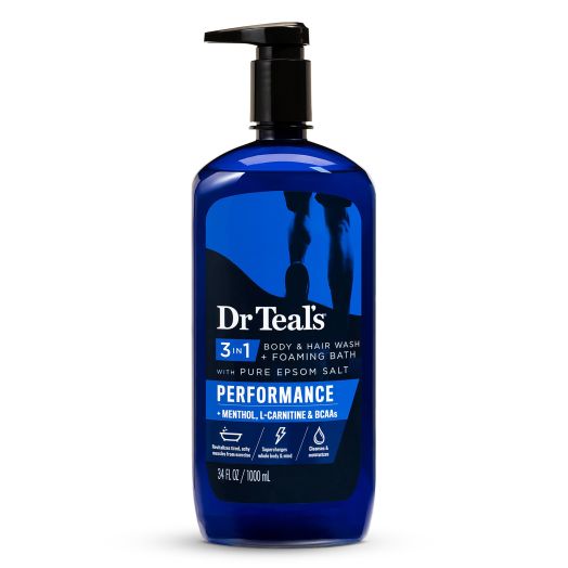 Dr Teal's 3-in-1 Body & Hair Wash + Foaming Bath with Pure Epsom Salt, Performance with Menthol, L-Carnitine & BCAAs, 34 fl oz.