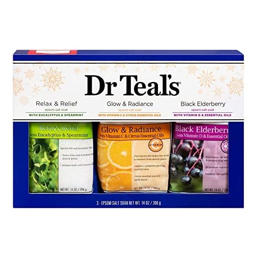 Dr Teal's Epsom Salt Variety Pack Gift Set (Relax & Relief with Eucalyptus & Spearmint, Glow & Radiance with Vitamin C & Citrus, and Black Elderberry with Vitamin D & Essential Oils 14 oz. Bags).