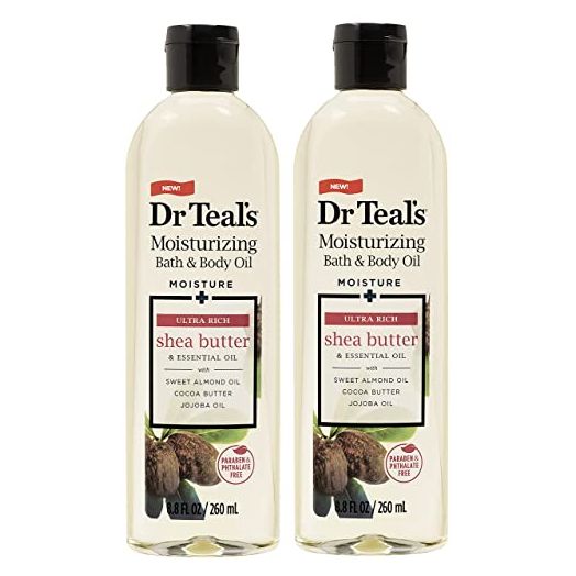 Dr. Teal's Moisturizing Bath & Body Oil 2-Pack (17.6 Fl Oz Total) Moisture + Ultra Rich Shea Butter & Essential Oil. Treat your skin, your senses, and your stress.