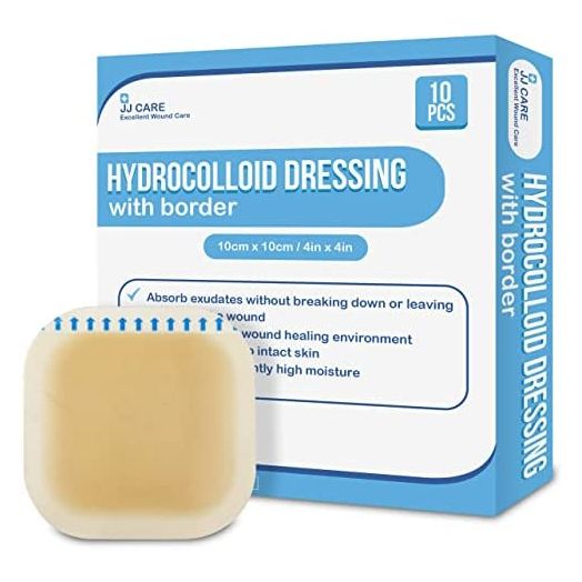 JJ CARE Hydrocolloid Dressing [Pack 10], 4x4 Hydrocolloid Bandages w/ Border, Self-Adhesive Hydrocolloid Wound Dressing, Faster Healing for Bedsores, Blisters, and Acne
