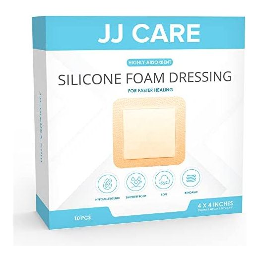 JJ CARE Silicone Foam Dressing [Pack of 10], 4x4 Foam Wound Dressing with Silicone Adhesive Border, Showerproof and Absorbent Medical Bandages