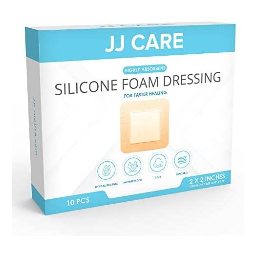 JJ CARE Silicone Foam Dressing [Pack of 10], 2x2 Silicone Bandages for Wounds, Absorbent Foam Dressing with Adhesive Border, Medical Bandage with Showerproof Adhesive