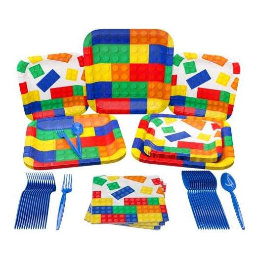 Brick Party Supplies Packs (100 Pieces for 16 Guests) - Building Block Party Supplies, Gamer Birthday Decorations, Gamer Party Supplies , Blocks Party Decor, Brick Birthday, Blue Orchards