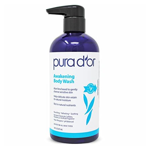 PURA D'OR Awakening Body Wash (16oz / 473ml) with Aloe Vera, Chamomile, Lavender, Tea Tree and Natural Nutrients - pH Balanced for Moisturized Soft, Fresh-Feeling Skin, All Skin Types, Men-Women