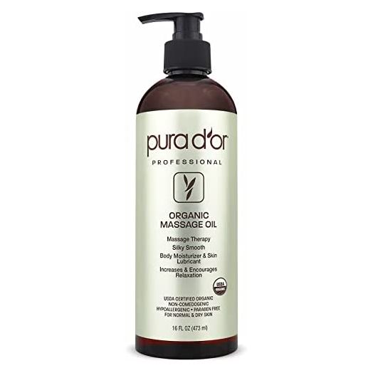 PURA D'OR Organic Massage Therapy Oil (16oz) USDA Certified Almond, Apricot, Argan, Ginger, Jojoba, Lavender Oils for Silky & Softer Skin, Body Moisturizer & Skin Lubricant (Packaging May Vary)