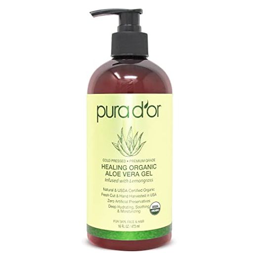 PURA D'OR Organic Aloe Vera Gel Lemongrass (16oz) All Natural - ZERO Artificial Preservatives - Deeply Hydrating & Moisturizing - Sunburn, Bug Bites, Rashes, Small Cuts, Eczema Relief - Skin & Hair