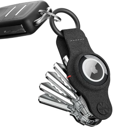 KeySmart Air - Compact Keyholder for Airtag - Key Organizer and Case for Apple Airtag - Includes Carabiner Keyring Key Chain to Attach Car Key Fob - Smartshield Leather Keychain (Black)