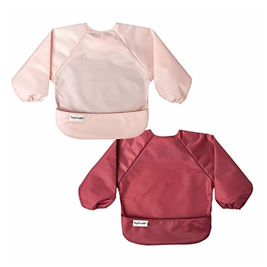 Tiny Twinkle Mess Proof Baby Bib, 2 Pack Full Sleeve Bib Outfit, Waterproof Bibs for Toddlers, Machine Washable, Tug Proof, Baby Smock for Eating, Long Sleeve (Rose Burgundy, Small 6-24 Months)