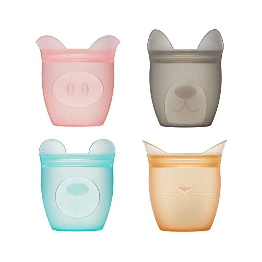 Zip Top Reusable 100% Silicone Baby + Kid Snack Containers- The only containers that stand up, stay open and zip shut! No Lids! Made in the USA - Full Set of 4