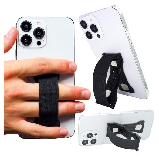 LOVEHANDLE PRO Premium Phone Grip - Elastic Phone Strap - Magnetic Phone Mount and Kickstand for Smartphone and Tablet - Black