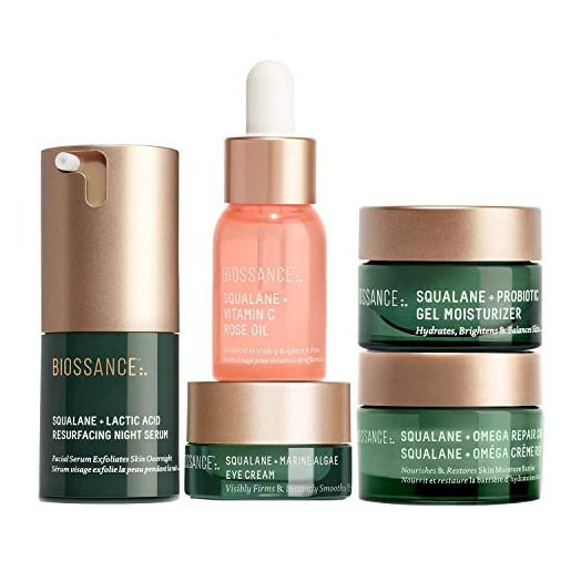 Biossance Overachievers Set. Squalane + Lactic Acid Resurfacing Night Serum Bundle with Travel Size Best Sellers to Hydrate, Exfoliate and Smooth Fine Lines (5 items)