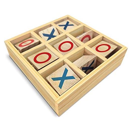 Gamie Wooden Tic-Tac-Toe Game, Small Travel Game with Fixed Spinning Pieces, Classic Wood Game for Kids