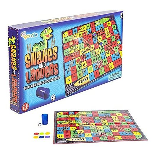 Gamie Snakes and Ladders Board Game for Kids, Complete Set with Board, 6 Pegs, and Dice, Classic Fun for Family Game Night and Classroom, Best Birthday Gift Idea for Boys and Girls