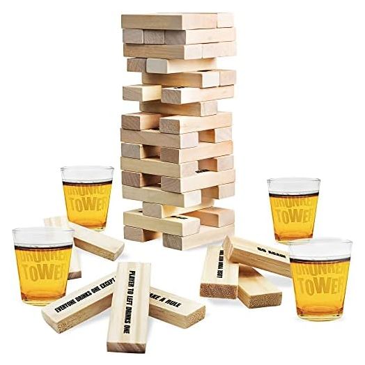 ArtCreativity Tumbling Tower Drinking Game, Drinking Game with 4 Glasses and 60 Wooden Blocks with Challenges