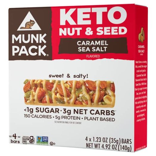 Munk Pack Keto Nut & Seed Bar | Caramel Sea Salt | 4 Bars | Low Carb Keto Snack | Plant Based and Gluten Free Treat | No Added Sugar | Keto Food | Keto Candy Bar | 