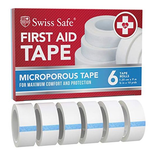 Swiss Safe First Aid Tape, Medical Microporous Surgical Tape, 5/8in Width x 10 Yards Length, Self Adhesive Paper Tape Bandage Rolls (6-Pack)