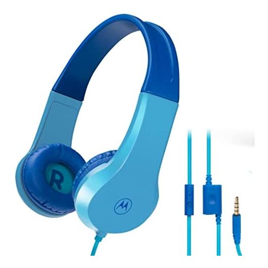 Motorola Moto JR200 Kids Headphones with Microphone - Lightweight Over Ear Wired Foldable Design, Safe Volume Limit 85dB, Audio Splitter for Sharing - Ideal for School, Home, Travel, Gaming - Blue