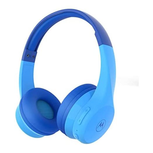 Motorola Moto JR300 Kids Bluetooth Headphones with Microphone - Lightweight Over Ear Wireless Headphones, Safe Volume Limit 85dB, Audio Splitter for Sharing - Ideal for School, Travel, Gaming - Blue