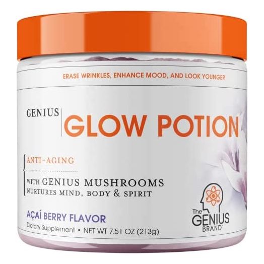 Genius Glow Potion - Revolutionary Anti Aging Beauty Supplement for Glowing Skin w/ Genius Mushrooms ¦ All-In-One Wrinkle, Age & Dark Spot Remover for Women & Men, Boost Skin Repair, Acai Berry Powder