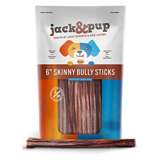 Jack&Pup Skinny Bully Sticks 6 Inch Sheaths for Light Chewers, Single Ingredient Dog Chews Dog Bully Sticks for Small Dogs, Senior and Puppy Chew Sticks for Dogs - Pizzle Healthy Dog Treats (30 count)