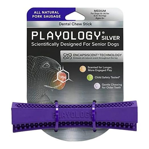Playology Silver Dental Chew Stick Dog Toy for Medium Senior Dogs (15-35lbs) - Engaging All-Natural Pork Sausage Scented Dog Chew Toy - Non-Toxic Materials and Moderate Chewing for Older Teeth