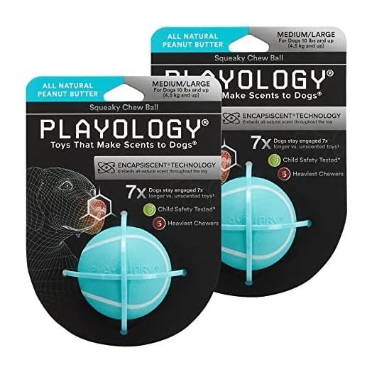 Playology Squeaky Chew Ball for Dogs - Engaging All Natural Peanut Butter Scented Dog Toy for Medium/Large Dogs (10lbs & up), Value 2-Pack - Squeak, Bounce, Fetch, and Play!