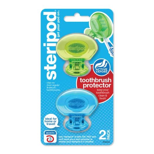 Steripod Clip-On Toothbrush Protector, Green and Blue, 2 Count