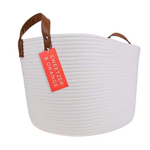 Sweetzer & Orange Large Woven Cotton Rope Storage Basket (Vegan Handles) - Blanket Storage Baskets, Laundry Basket, Toy Storage, Nursery Hamper - Decorative Off White Basket for Living Room