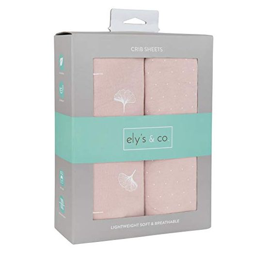 Ely’s & Co. Crib Sheet 2-Pack — Combed, 100% Jersey Cotton for Baby Girl — Rosewater Pink, Pin Dots & Gingko Leaves