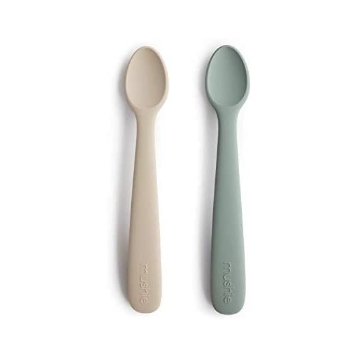 mushie Silicone Baby Feeding Spoons, (Cambridge Blue/Shifting Sand) (2 Pack)