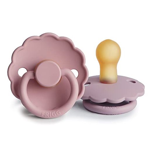 FRIGG Daisy Natural Rubber Baby Pacifier | Made in Denmark | BPA-Free (Baby Pink/Soft Lilac, 0-6 Months) 2-Pack