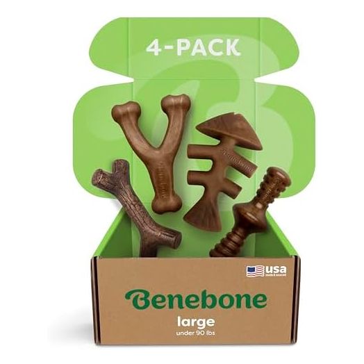 Benebone Large 4-Pack Dog Chew Toys for Aggressive Chewers, Made in USA, 90lbs and Under