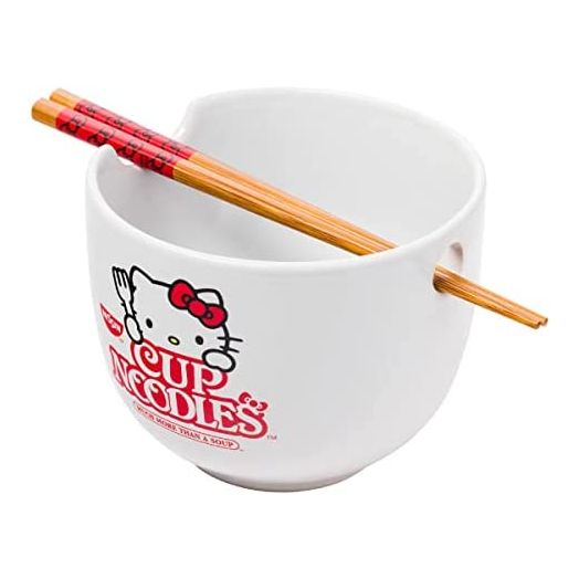 Silver Buffalo Hello Kitty Cup Noodles Nissin Boxed Ceramic Ramen Noodle Bowl with Chopsticks, 20oz