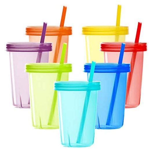 Youngever 7 Sets Plastic Kids Cups with Lids and Straws, 7 Reusable Toddler Cups with Straws in 7 Assorted Colors