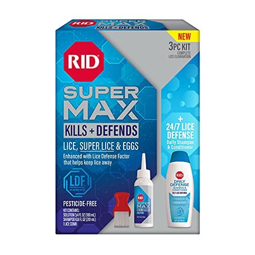 RID Super Max Lice Treatment Kit, Kills Lice & Super Lice & Eggs + 24/7 Lice Defense, Pesticide Free,3.4 FL OZ Solution + 6.8 FL OZ Daily Defense Shampoo & Conditioner + Nit Removal Comb