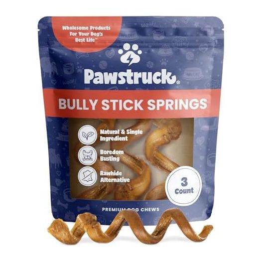 Pawstruck All-Natural 6" Bully Stick Springs for Dogs - Fun Challenging Rawhide Free 100% Beef Single Ingredient Chew Treat Bones - Fully Digestible Low Odor - 3 Pack - Packaging May Vary