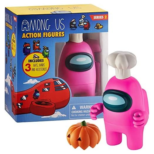P.M.I. Among Us Action Figure | One of Four 4.5-Inch-Tall Collectibles | Among Us Toys and Playable Mini Toys | Pink Crewmate in The White My Name Chef with Hidden Hat and Hands