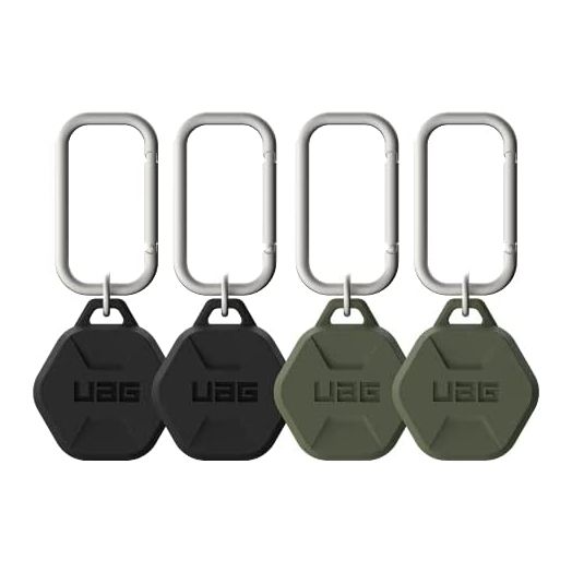 URBAN ARMOR GEAR UAG Designed for AirTag Case 4 Pack Scout Rugged Anti-Scratch Lightweight Silicone Protective Cover Holder with Carabiner Attachment for Keys, Pets, Backpacks - (2) Black & (2) Olive