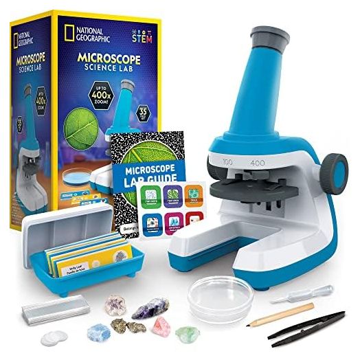 NATIONAL GEOGRAPHIC Microscope for Kids - Science Kit with an Easy-to-Use Kids Microscope, Up to 400x Zoom, Blank and Prepared Slides, Rock & Mineral Specimens, STEM Project Toy (Amazon Exclusive)