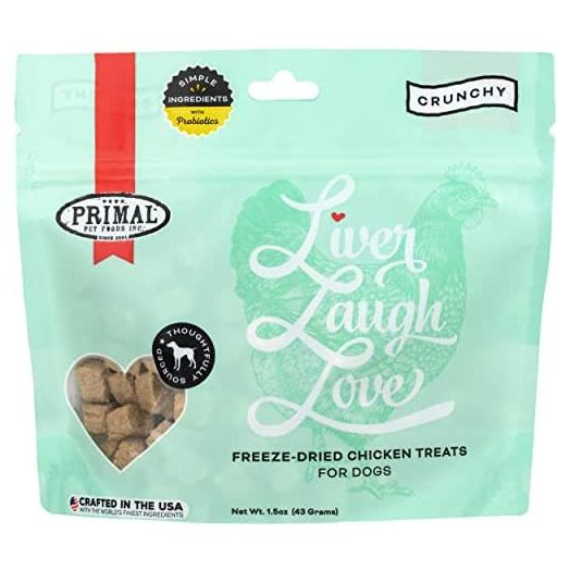 Primal Freeze Dried Chicken Liver & Pork Liver Dog Treats with Probiotics, Liver, Laugh, Love Natural Crunchy Training Treats