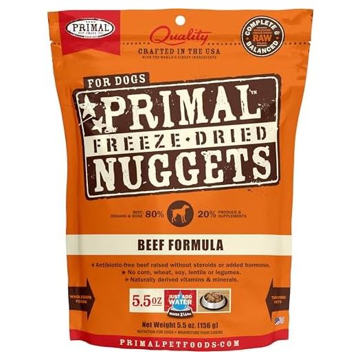 Primal Freeze Dried Dog Food Nuggets, Beef; Complete & Balanced Meal; Also Use as Topper or Treat; Premium, Healthy, Grain Free, High Protein Raw Dog Food, 5.5 oz