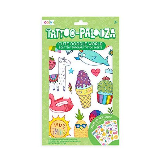 OOLY, Tattoo Palooza Skin-Friendly and Non-Toxic Temporary Tattoo for Kids, Cute Doodle World, 3 Sheets
