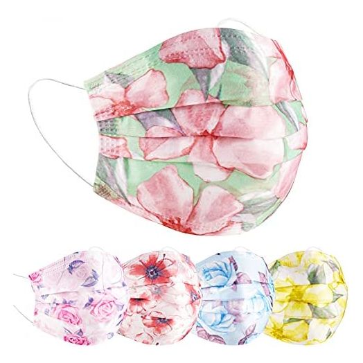 NiHealth 50-Pack Individually Wrapped Disposable Face Masks Tomorotec 3-Ply Colorful Breathable Non-Woven Masks (5 Flower Designs)