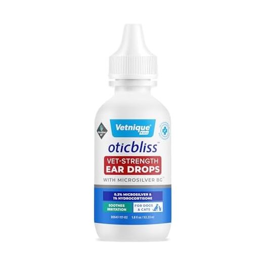 Vetnique Labs Oticbliss Vet-Strength Ear Drops for Dogs & Cats with MicroSilver BG & 1% Hydrocortisone Soothing Relief for Irritated Ears Dog Ear Cleaner, Alcohol-Free Ear Drops with Chitosan 1.8oz