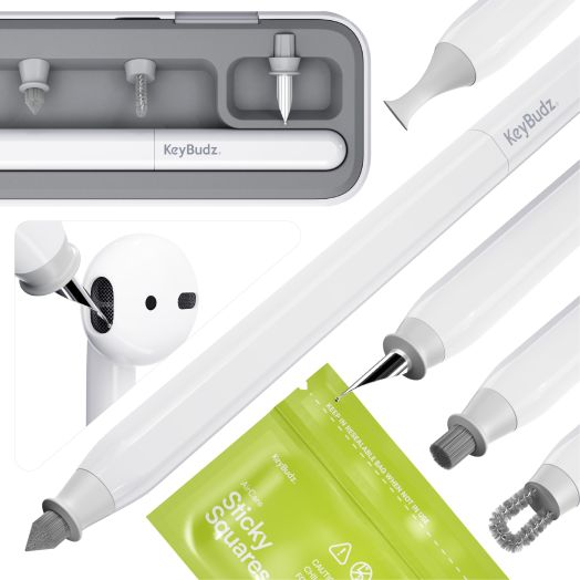 KeyBudz Air Care 2.0 AirPods Cleaning Kit - Patented Multi-Tool Cleaner with Interchangeable Brush Tips for AirPods, iPhone and Apple Devices with Sticky Squares Putty, Hard Case and Travel Pouch
