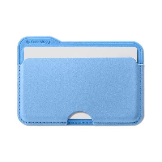Caseology Folder Pop [Built-in Magnet Non-Slip Silicone pad] Vegan Leather Wallet Magnetic Card Holder Sleeve Compatible with Magsafe for iPhone 15, 14, 13, 12 Series - Sky Blue