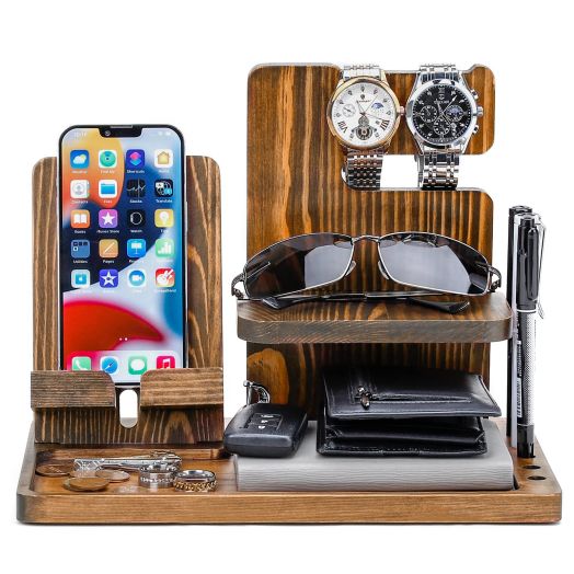 Homde Gifts for Men Solid Wood Phone Key Holder Wallet Stand Watch Organizer for Father Husband Boyfriend Nightstand Organizer for Anniversary Graduation(Brown)